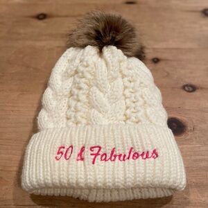 Women’s Pink White Cableknit 50 & Fabulous Sherpa lined beanie removable pom